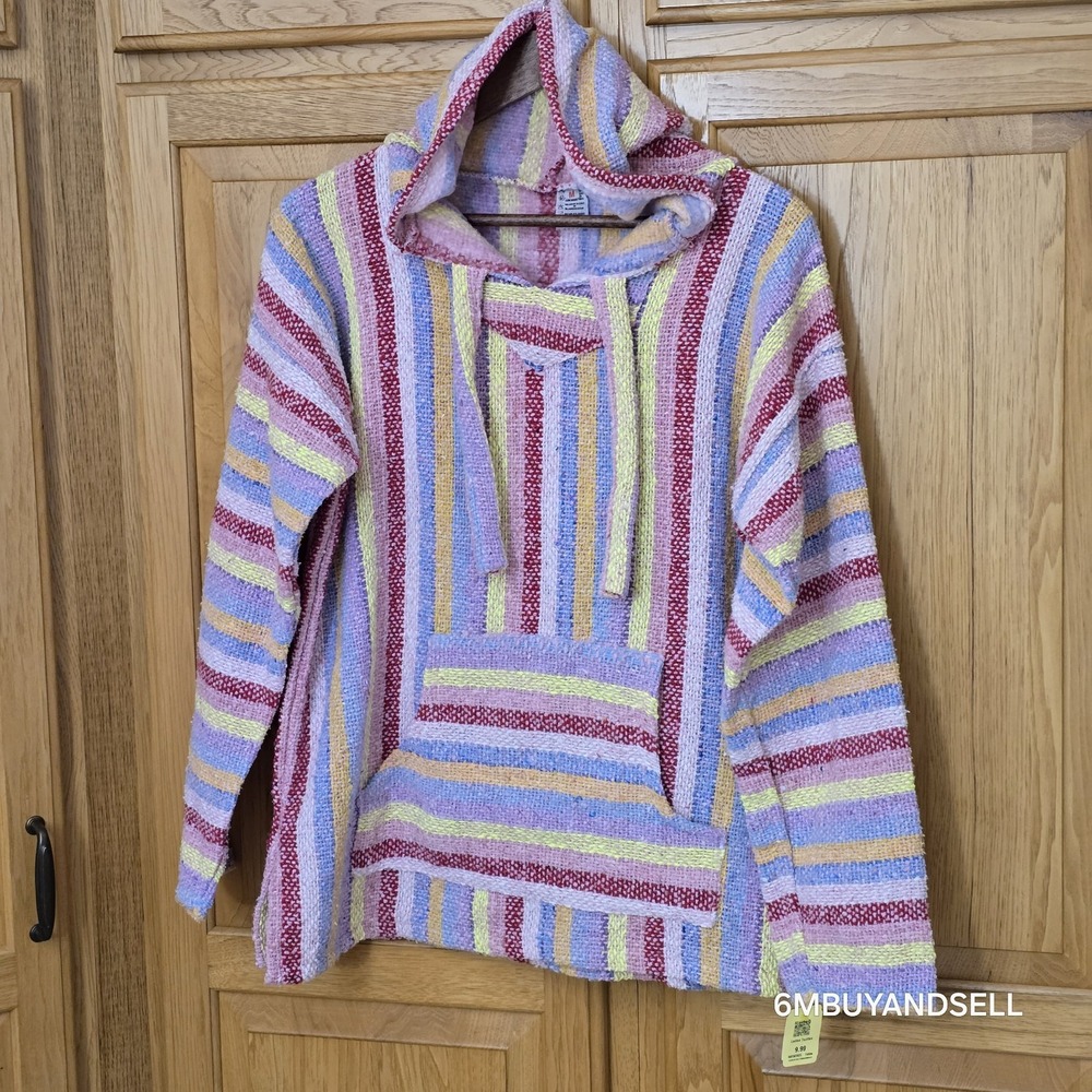 Baja Hoodie Mexican Poncho Jerga Pullover Pink Purple Striped Size Medium